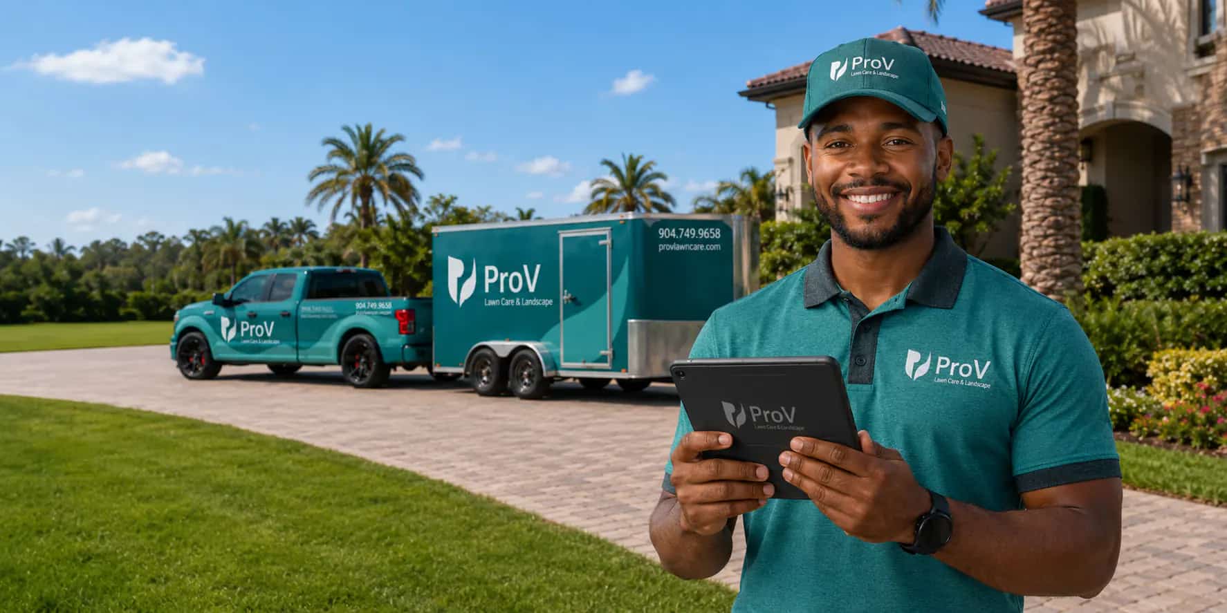 ProV Lawn Care & Landscape team member holding a tablet in front of the company truck and trailer